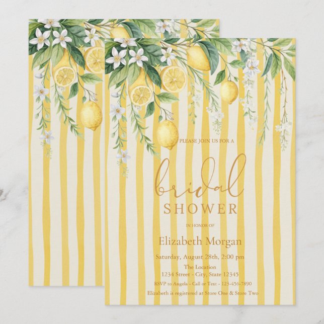 Invitation Citrons Fleuris Tenue de Mariée Rayée Jaune (Devant / Derrière)