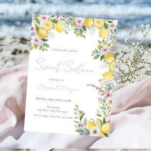 Invitation Citrons Fleurs Ruban Rose Rayures Sweet 16