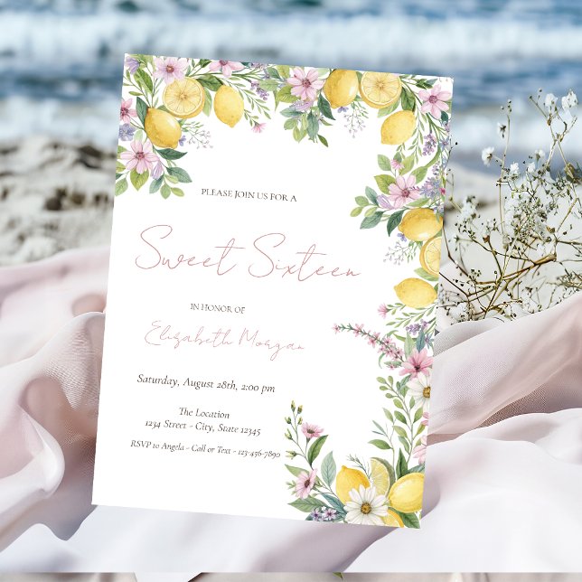 Invitation Citrons Fleurs Ruban Rose Rayures Sweet 16 (Créateur téléchargé)