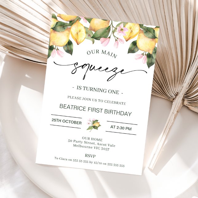 Invitation Citrons floraux roses Notre Squeeze principal 1er  (Lemon MAIN SQUEEZE 1st Birthday Invitation Lemonade Birthday Party Invitation Pink Floral Lemons )