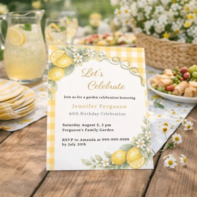 Invitation Citrons gingham jaune anniversaire jardin d'été (Créateur téléchargé)