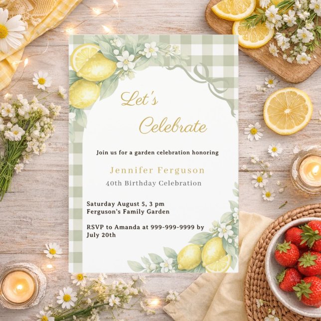 Invitation Citrons gingham vert sauge anniversaire jardin d'é (Créateur téléchargé)