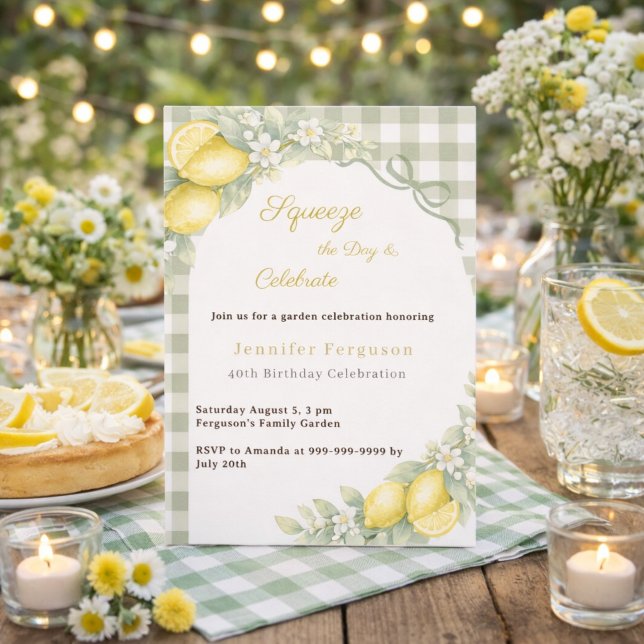 Invitation Citrons gingham vert sauge jardin d'été anniversai (Créateur téléchargé)