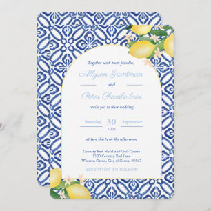 Invitation Citrons italiens Arch Forme Bleu Carreaux blancs M