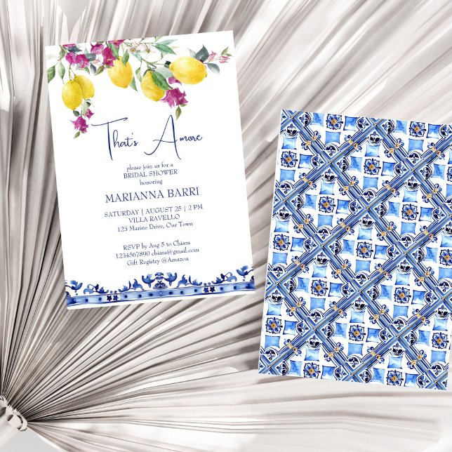 Invitation Citrons italiens bougainvilliers agrumes douche de (Italian maiolica lemons bougainvillea Mediterranean citrus bridal shower invitation template digital)