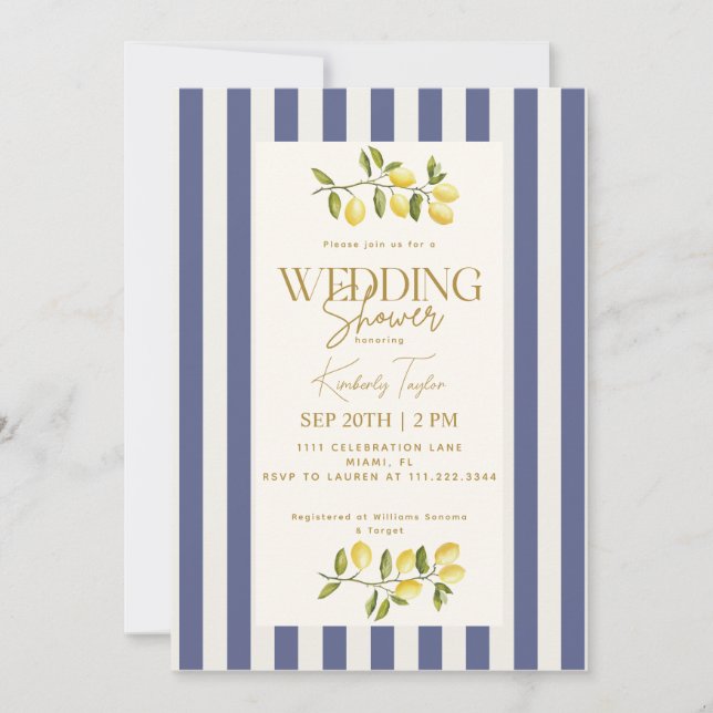 Invitation Citrons italiens Fête de mariage rayée bleue (Devant)