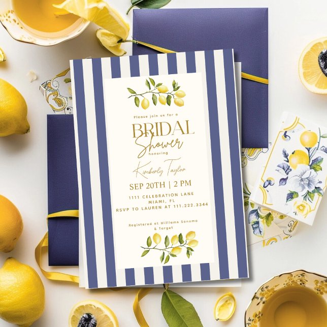Invitation Citrons italiens Fête de mariage rayée bleue (Créateur téléchargé)