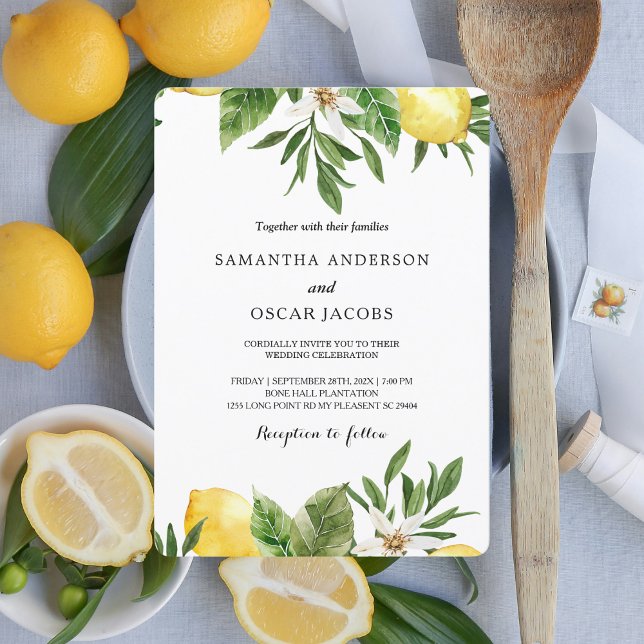 Invitation Citrons jaunes et feuille d'aquarelle moderne  (Créateur téléchargé)