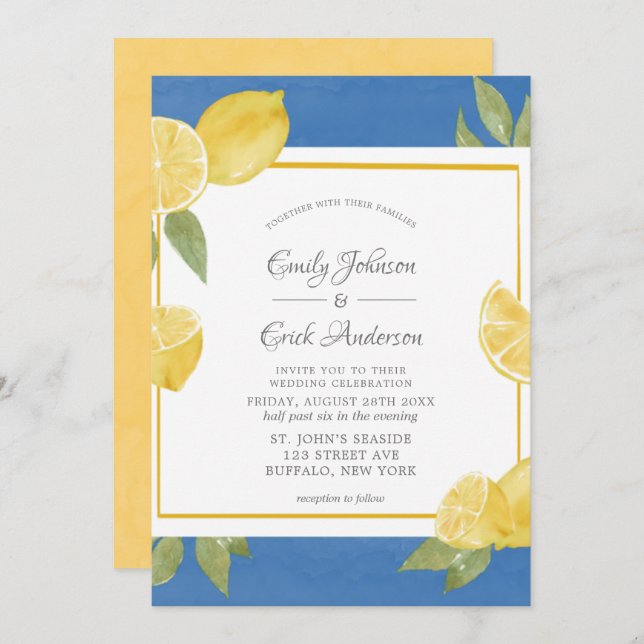 Invitation Citrons jaunes et Mariage d'aquarelle bleu (Devant / Derrière)