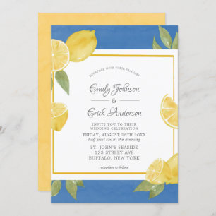 Invitation Citrons jaunes et Mariage d'aquarelle bleu