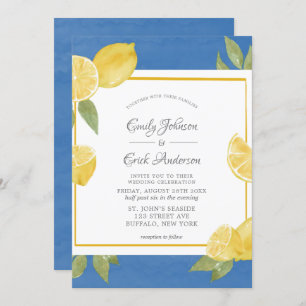 Invitation Citrons jaunes et Mariage d'aquarelle bleu Invitat
