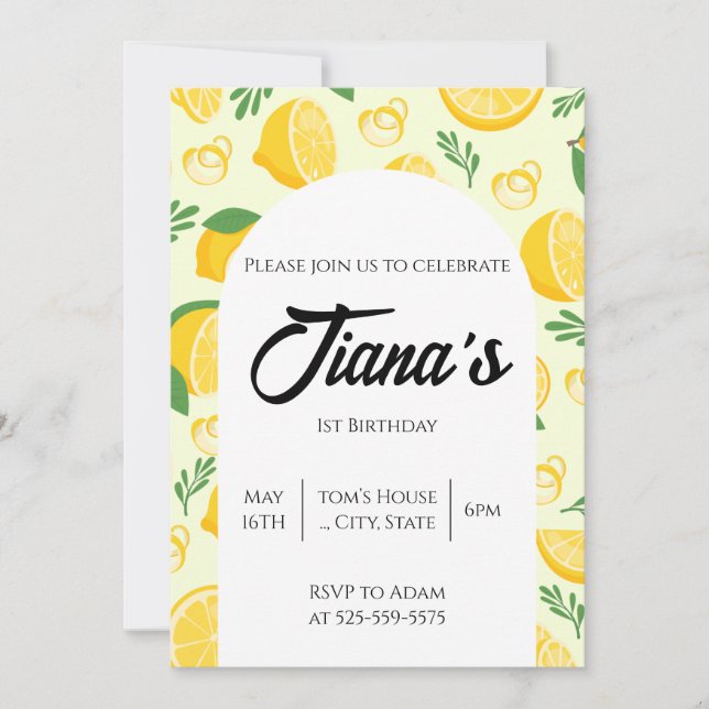 Invitation Citrons jaunes Motif 1er anniversaire (Devant)