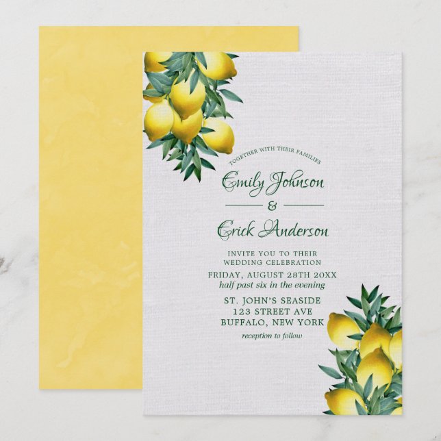 Invitation Citrons Jaunes Vigne Verdure Aquarelle Mariage En (Devant / Derrière)