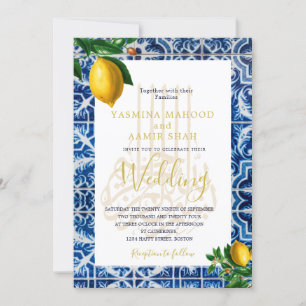 Invitation Citrons Mariages islamiques Bleu Carreaux blancs É