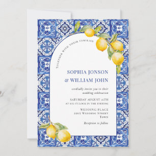 Invitation Citrons méditerranéens Carreaux bleus Mariage