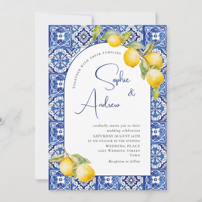 Invitation Citrons méditerranéens Carreaux bleus Mariage (Devant)
