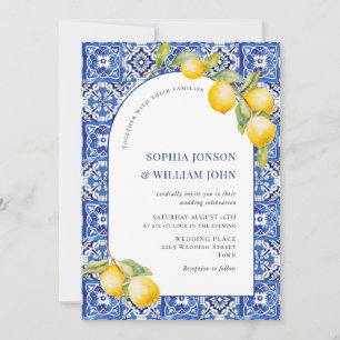 Invitation Citrons méditerranéens Carreaux bleus Mariage Phot