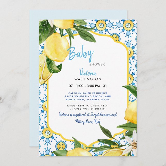 Invitation Citrons méditerranéens et Baby shower bleu (Devant / Derrière)