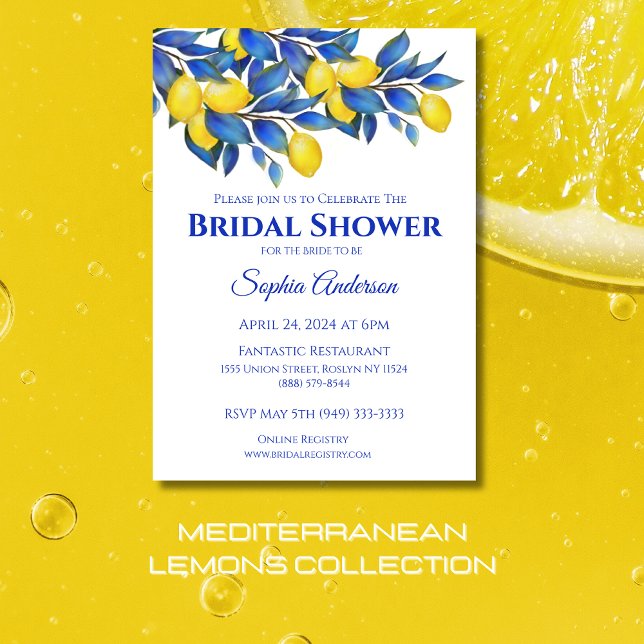 Invitation Citrons méditerranéens - Fête des mariées (Mediterranean Lemons Collection-Bridal Shower-Italy-Yellow and Blue- Citrus)