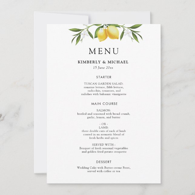 Invitation Citrons peints feuillage verdure menu de mariage (Devant)