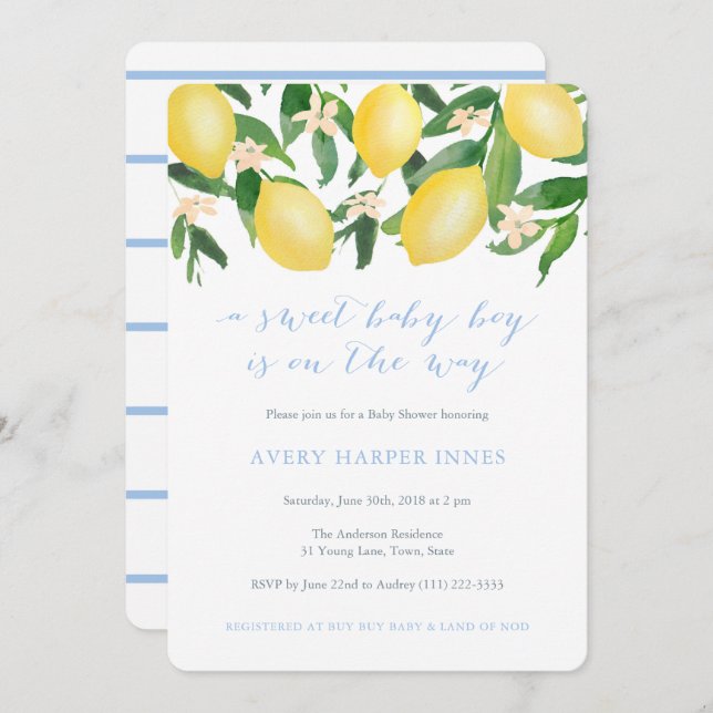 Invitation Citrons Poudre Bleu Sweet Boy Baby shower (Devant / Derrière)