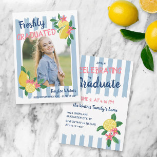 Invitation Citrons & Rayures Bleues Photo de Diplômé Récent