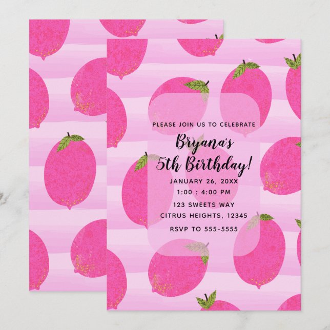Invitation Citrons Roses Fruits d'Été Fête d'Anniversaire Lum (Devant / Derrière)
