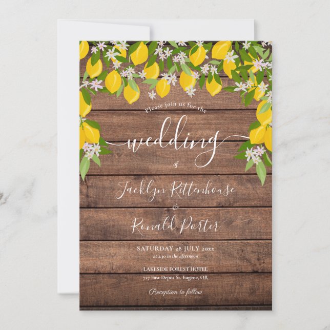 Invitation Citrons Verdure Bois rustique Mariage (Devant)