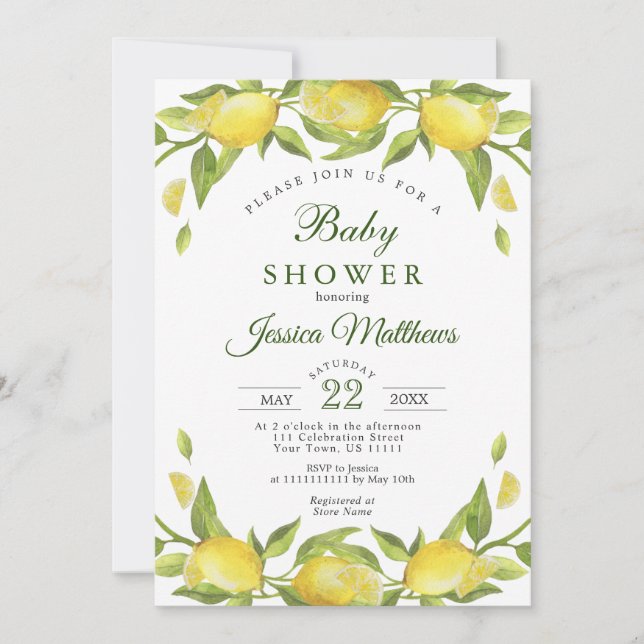 Invitation Citrons Vert Aquarelle Baby shower NEUTRE (Devant)