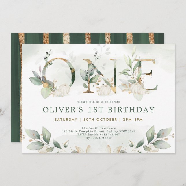 Invitation Citrouille 1er Anniversaire Automne Vert Gold Part (Devant / Derrière)