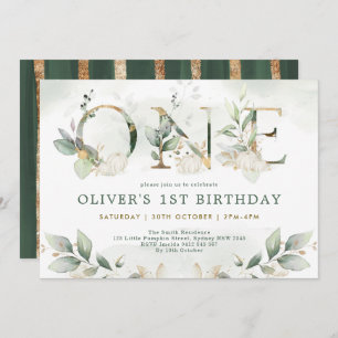 Invitation Citrouille 1er Anniversaire Automne Vert Gold Part