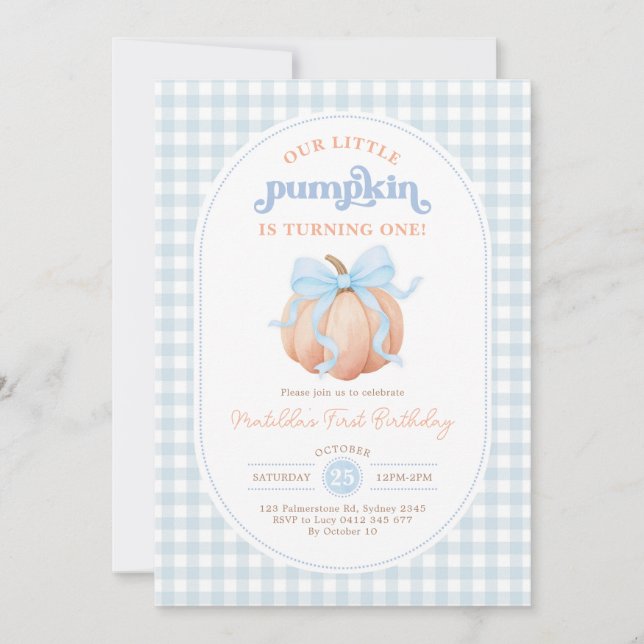 Invitation Citrouille à Ruban Bleu Pastel pour Fête d'Anniver (Devant)