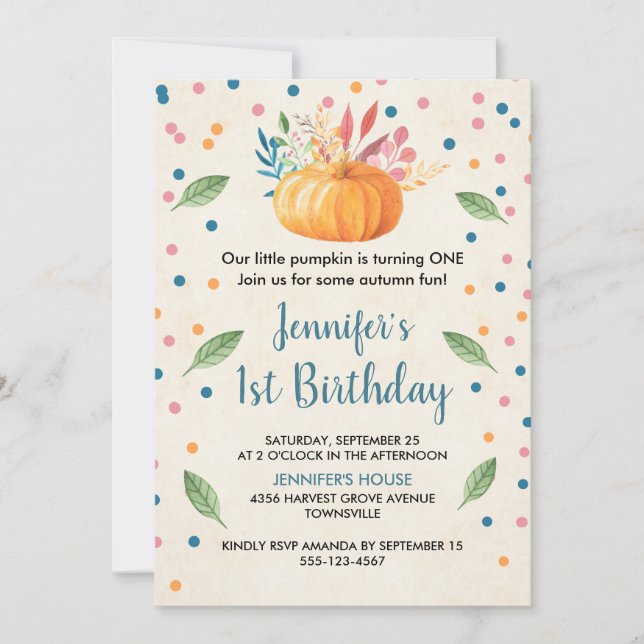 Invitation Citrouille Anniversaire Aquarelle Orange (Devant)