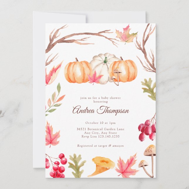 Invitation Citrouille aquarelle automne | Shower de bébé auto (Devant)