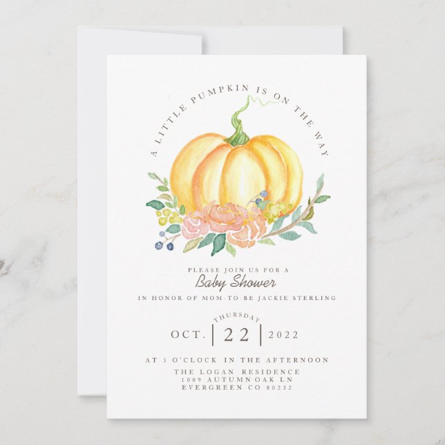 Invitation Citrouille aquarelle | Baby shower d'automne (Devant)