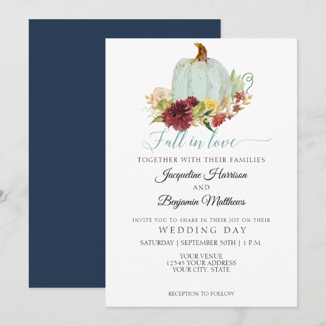 Invitation Citrouille aquarelle Navy Burgundy Floral Rustique (Devant / Derrière)