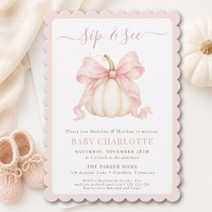 Invitation Citrouille Aquarelle Rose Ruban Bébé Fille Sip Et