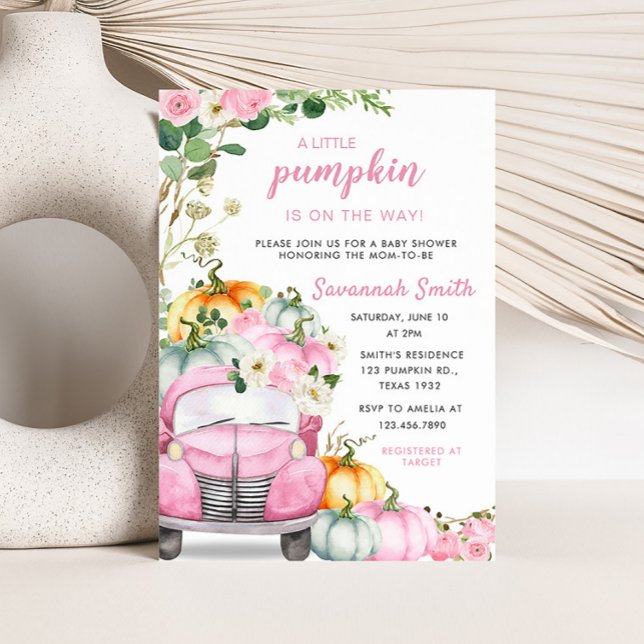 Invitation Citrouille Automne Baby shower de camion rose (Little Pumpkin Pink Truck Baby Shower Invitation)