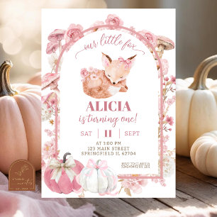 Invitation Citrouille automne blanc et renard rose Fille Anni