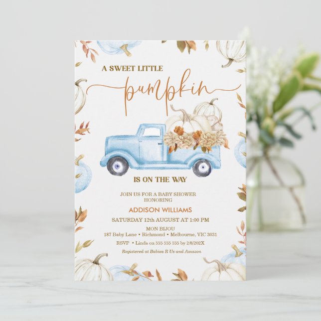 Invitation Citrouille Automne bleu Camion Petit Baby shower C (Debout devant)