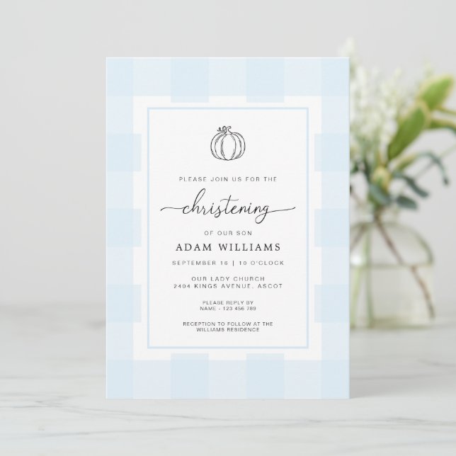 Invitation Citrouille Automne Bleu En vichy Christening Invit (Debout devant)