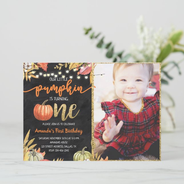 Invitation Citrouille Automne Chalkboard Premier anniversaire (Debout devant)
