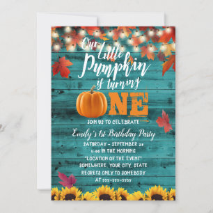 Invitation Citrouille Automne Feuilles tournesol Turquoise 1e