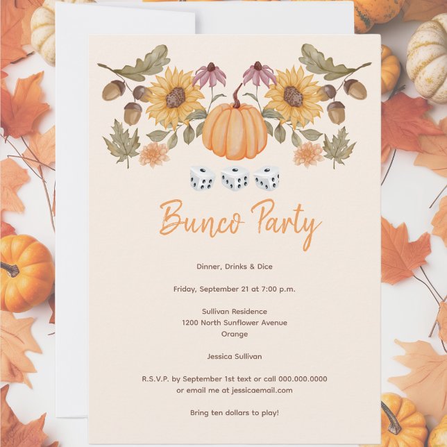 Invitation Citrouille Automne Floral Automne Dice Bunco Party (Fall September, October or November Bunco party invitation. Sunflowers with pumpkins. )