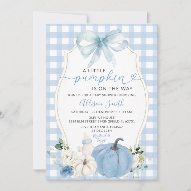 Invitation Citrouille automne Floral Bow Blue En vichy Baby s (Devant)