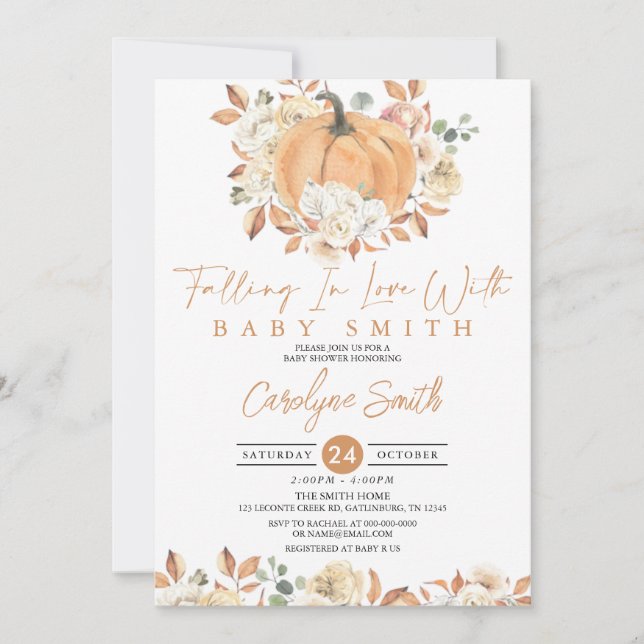 Invitation Citrouille Automne Floral Falling Baby shower (Devant)