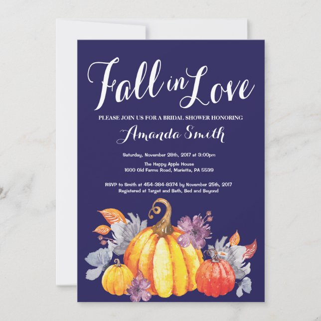 Invitation Citrouille Automne Marine Blue Bridal Douche invit (Devant)