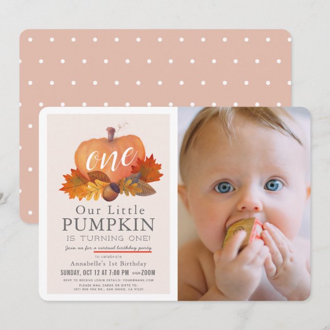Invitation Citrouille Automne rose Photo Virtual 1er Annivers (Devant / Derrière)