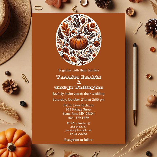 Invitation Citrouille Automne Super Boho Rusty Brown Mariage  (Fall Pumpkin Groovy Boho Rusty Brown Oval Foliage Invitation)