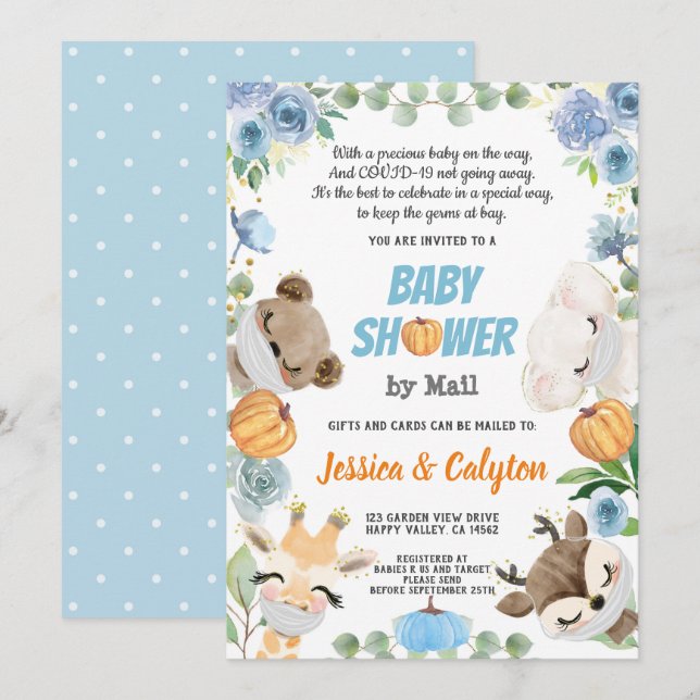 Invitation Citrouille Baby Boy Show Par Mail Woodland Animal (Devant / Derrière)